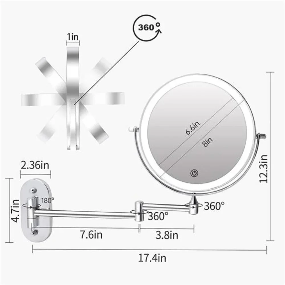 Rechargeable Wall Mounted Lighted Makeup Vanity Mirror 8 Inch Double Sided